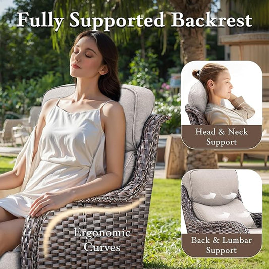 Luxury Outdoor Swivel Rocker Patio Chairs Set of 2, High Back Swivel Patio Chairs with 6-Inch Thick Cushions, Wicker Outdoor Chair for Porch, Patio, Yard, Deck, Poolside, Brown/Beige