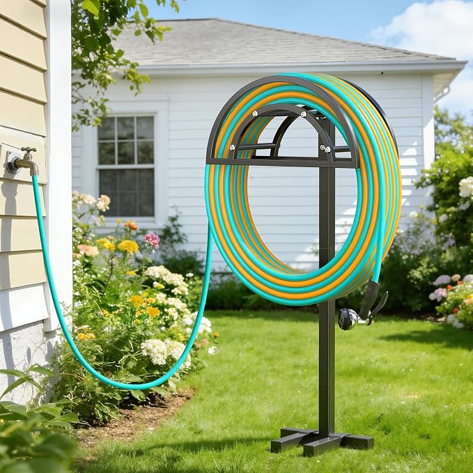 OLV Garden Hose Holder, Heavy Duty Freestanding Outdoor Water Hose Holder Stand Holds 150-ft Hoses, Detachable Metal Garden Storage Hanger Rack Organizer for Outside Yard Lawn Farm