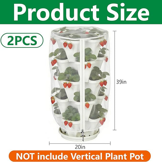 2 Pcs Vertical Plant Pot Insect Netting with Zipper, 39"x20" Stackable Planter Garden Net Cover, 3 to 5 Tier Planter Pot Insect Bird Barrier Protection Mesh for Strawberry Herb Flower Fruit Vegetable