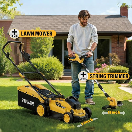 ZEGJAW 20v 13-inch Lawn Mower and 12-inch String Trimmer Combo with 2x4.0Ah Batteries and Charger, Grass Cutter with 5-Position Height Adjustment, Weed Wacker with 8pcs Line for Yard, Garden