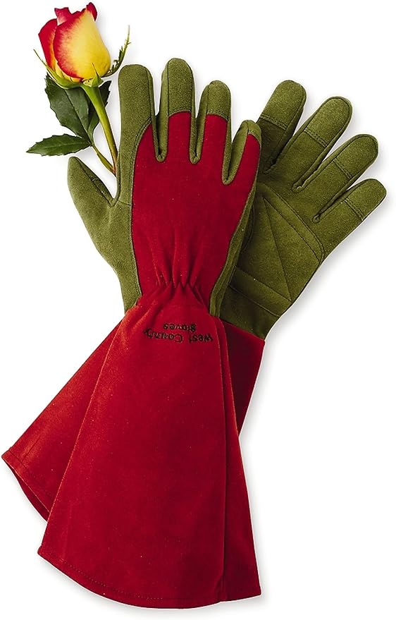West County 054R/M Gauntlet Rose Gloves – Medium, Ruby, Gardening Gloves w/ Elastic Wrist, Reinforced Fingers, Palm, and Thumb