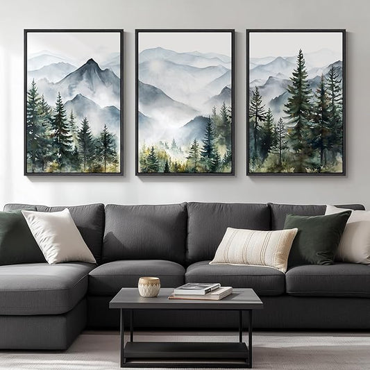Framed Mountain Landscape Wall Art for Living Room, Large Foggy Forest Watercolor Artwork for Walls, 3 Piece Nature Mountain Forest Paintings Prints for Hallway Office Kitchen Wall Decor, 24x36 Inch