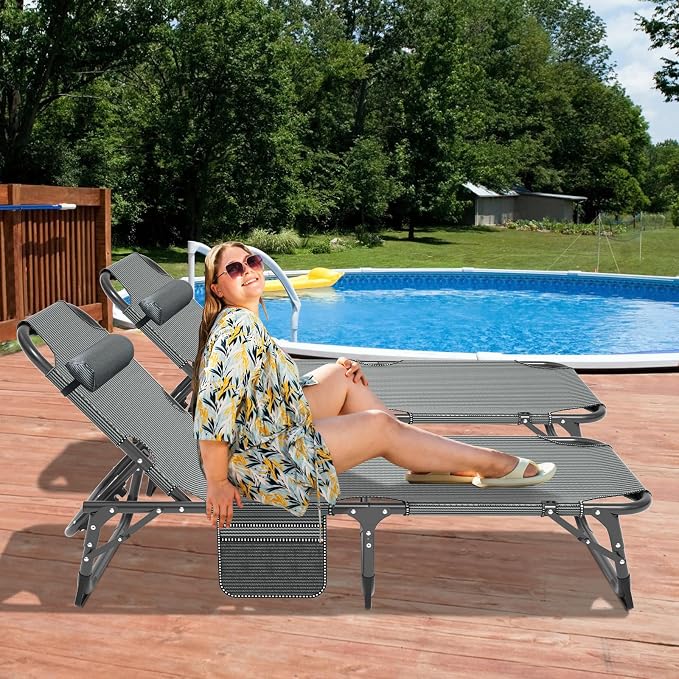 DoCred Heavy Duty Chaise Lounge Chair, Adjustable 5-Position Folding Chaise Lounge Chairs for Outside, Portable Lay Flat Beach Lounge Chair for Outdoor Sunbathing Beach Pool Lawn Camping