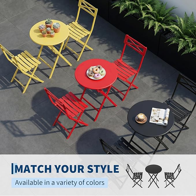 GarveeTech 3-Piece Folding Bistro Set, Heavy Duty Outdoor Patio Furniture with 2 Chairs & 1 Table, Weather-Resistant Steel Frame, No Assembly Required for Garden, Yard, Balcony,Black