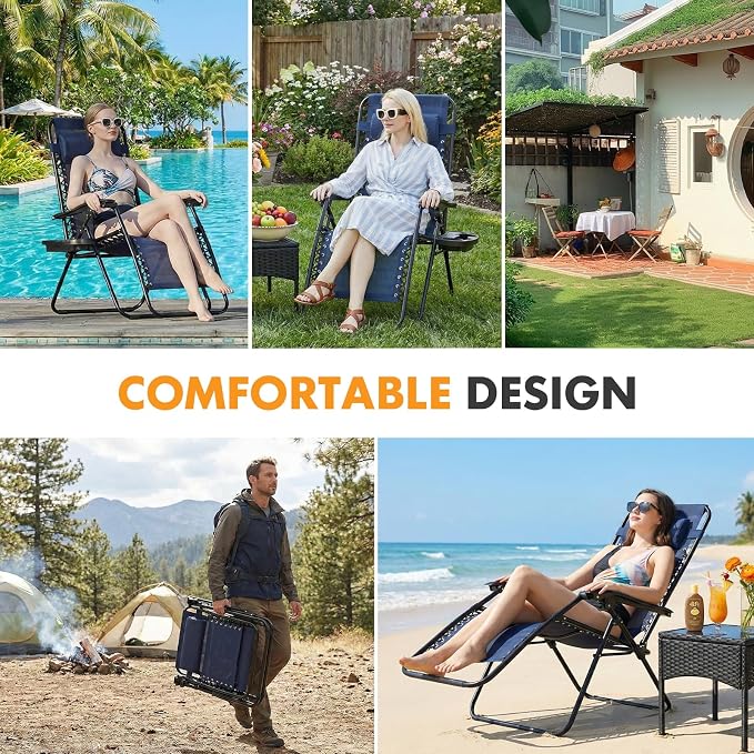 NEWBULIG Zero Gravity Chairs Set of 2, Lounge Chair Folding Portable Adjustable Camping Recliner with Adjustable Pollow, Mesh Back, Cup Holder Trays Lawn Patio Chair for Pool Beach