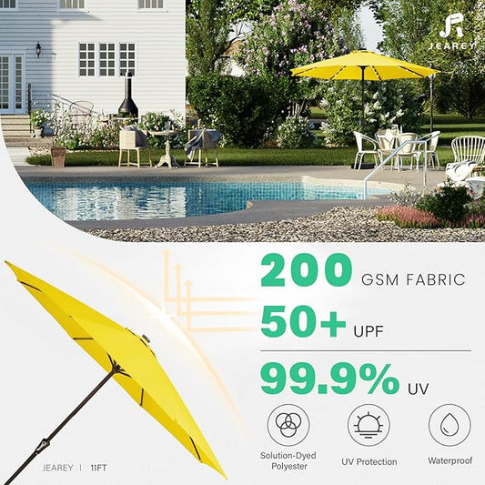 JEAREY 11' Lighted Patio Umbrellas Outdoor Solar Table Market Umbrella w/Crank, 8 Sturdy Ribs, UV Protection Waterproof Sunproof(Yellow)