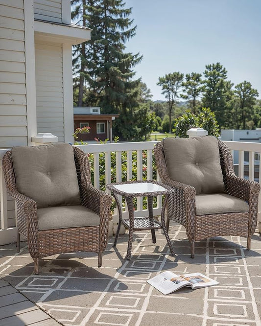 3 Piece Patio Brown Wicker Chairs with Side Table - Outdoor High Back Heavy Duty All-Weather Lawn Dining Rattan Chair Conversation Bistro Set for Deck Porch Balcony Backyard Garden - Grey