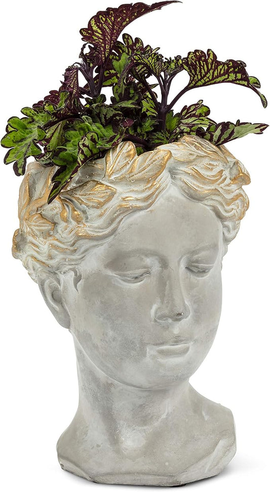 Abbott Collection Aphrodite Head Planter – Small Indoor and Outdoor Planter Pots – Whimsical Woman Statue Head Planter for Flowers and Succulents (Grey/Gold, 8.5" Tall, 3.5" Opening)