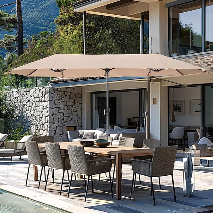GREEN PARTY 13ft Rectangle Patio Umbrella, Double Sided Outdoor Table Umbrella with Crank & 1.5" Pole, Large Market Umbrella for Poolside Garden Deck Backyard, Beige