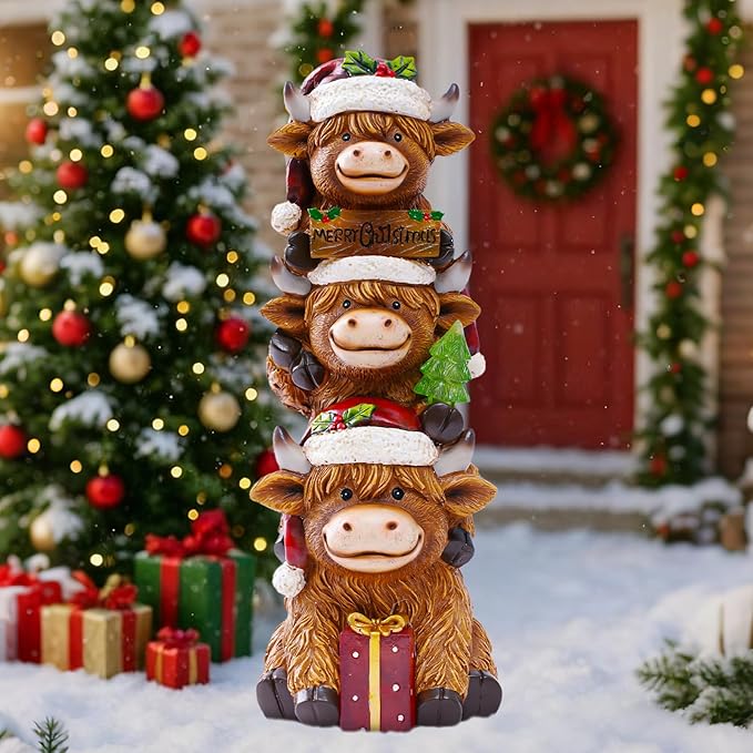 Christmas Highland Cow Decor with Solar Light Triple Highland Cow Christmas Decorations Gifts for Women Mom Funny Highland Cows Garden Statues for Garden Patio Lawn Yard Decor