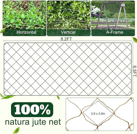 1 Piece 8 ft Jute Net Plant Support Netting Heavy Duty Garden Plant Trellis Netting for Climbing Plants Outdoor Indoor Grow Net for Cucumber Vine Tomatoes Peas Flower Fruits Vegetables