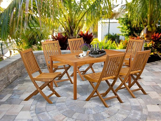 East West Furniture CMDK7CWNA 7 Piece Patio Dining Set Consist of a Rectangle Outdoor Acacia Wood Table and 6 Folding Side Chairs, 35x66 Inch, Natural Oil