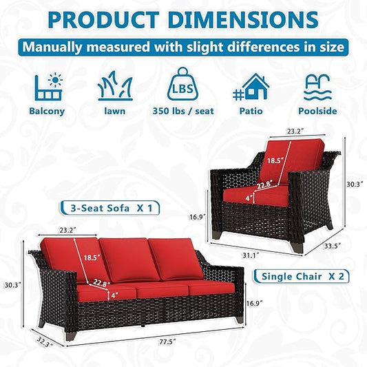 VistaVibe 3 Pieces Outdoor Patio Conversation Furniture Set - 78" 3-seat Sofa | 2 Wicker Chairs, Deep Seat Loveseat, Removable Cushions, Hand-Woven PE Rattan Couch, Balcony (Brown/Red)