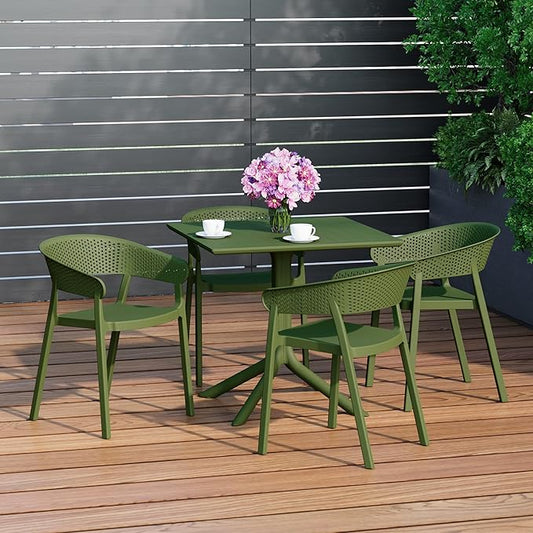 Costaelm 5-Piece Outdoor Dining Set, HDPE Patio Square Bistro Table and Stackable Chairs Sets for 4, Outdoor Furniture All Weather for Backyard Poolside, Olive Green