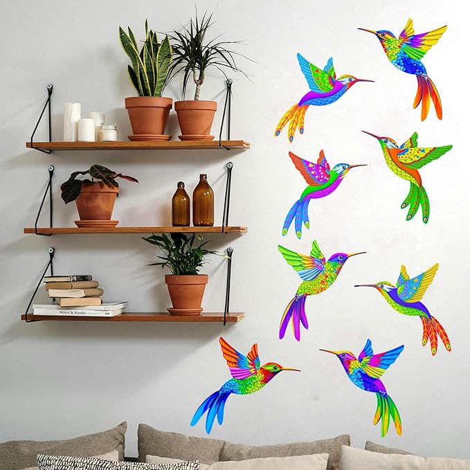 Outdoor Wall Art Metal Hummingbird 3D Wall Art for Outside Fence Decorations Outdoor Patio Decor- (Set of 8,Colore)