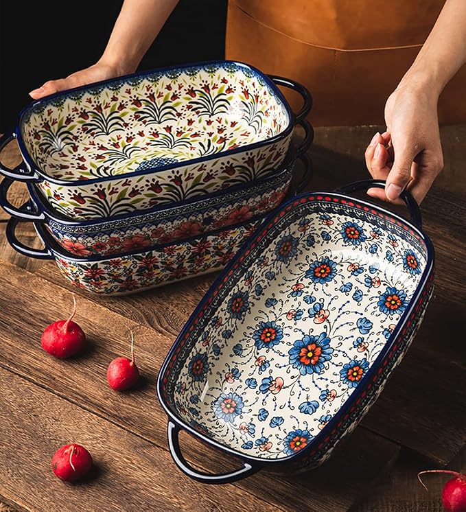 Vintage Style Tulip Flower Pattern Ceramic Bakeware Casserole Dish Baking Pan Lasagna Pans Baking Dish with Handles for Oven/Cooking/Kitchen-1 PCS-60 OZ