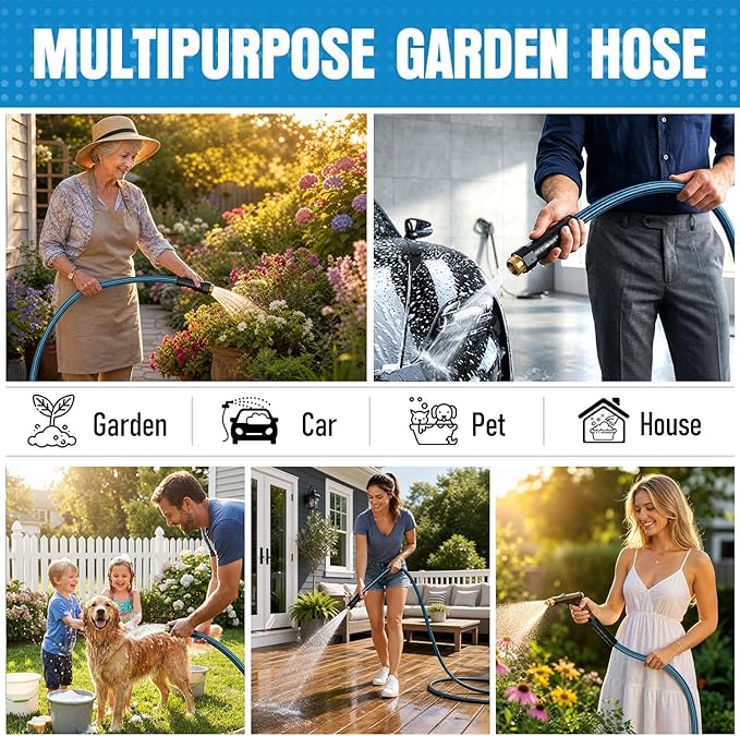 NON-EXPANDABLE 100 ft Garden Hose, Heavy Duty Flexible Water Hose, Kink Resistant Lightweight Hybrid Hose with Durable Fabric Skin, Leakproof Hose Male to Female Fittings