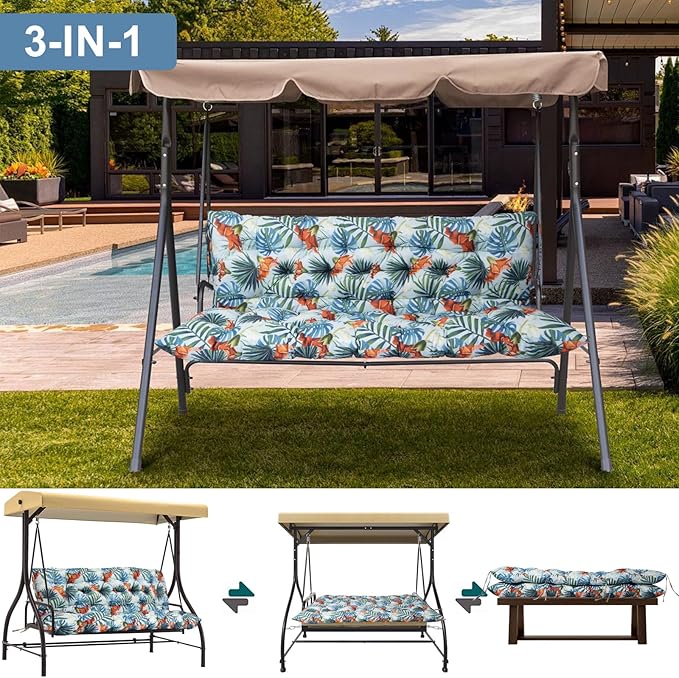 Outdoor Swing Cushions 3 Seater Waterproof, Replacement Bench Cushions for Outdoor Patio Furniture with Backrest, Porch Swing Cushion with Ties for Lawn and Garden (Summer, 40x60in)