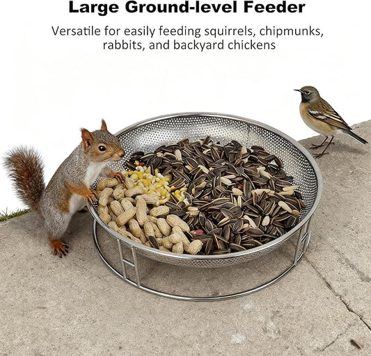 13-Inch Ground Feeding Platform for Birds, Squirrels, Ducks, Chicken, Stainless Steel Bird Feeders Combination with Additional Hanging Mesh Tray, Attracting Small Creatures for Backyard, Patio