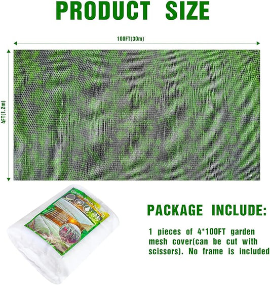 Woanger 4 x 100 ft Garden Mesh Netting Ultra Fine Plant Covers Garden Netting to Protect Vegetable Plants Fruits Flowers Crops Greenhouse Row Cover Patio Barrier Screen Protection Net (White)