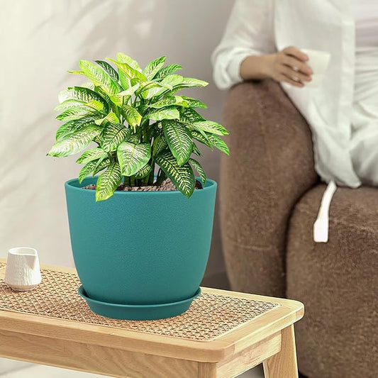 Large Flower Pots 12/10/9 inch, Set of 3 Modern Decorative Plastic Planters with Drainage Holes and Saucers for House Plants, Plant Pots for Indoor Outdoor Plants, Blue Green