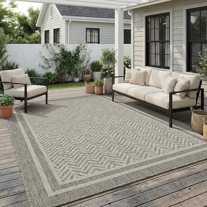 MontVoo-Outdoor Rug-Patio Rug 8x10 Polypropylene Indoor Outdoor Rugs Outdoor Carpet for Patio Deck Balcony Porch, Textured Weave, Durable for High Traffic, Fade-Resistant, Boho Farmhouse Silver Grey