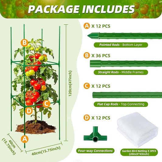 3 Pack Square Tomato Cages with 3 Plant Covers, 47 Inch Tall Cages for Tomato, Tomato Trellis with Bird Netting, Vertical Garden Trellis for Climbing Plants Vegetables in Outdoor