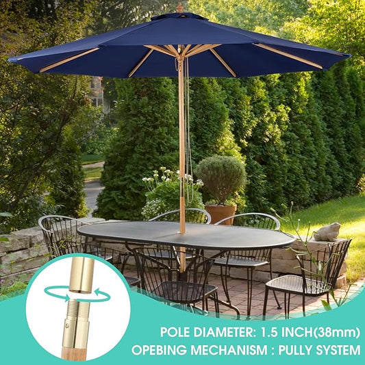 9FT Table Patio Outdoor Umbrella Market Round Umbrella with Pulley Lift Windproof & Waterproof, 8 Ribs with Polyester Cover for Garden, Deck, Pool, lawn, Backyard