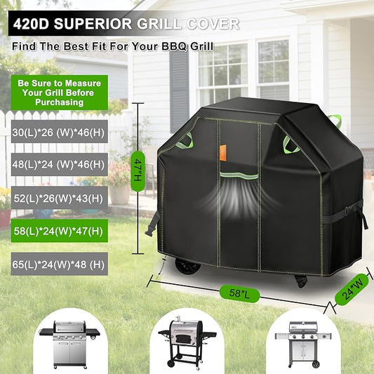 Grill Cover for Outdoor Grill, 58 Inch BBQ Grill Cover 420D Heavy Duty Waterproof with Air Vents/Handles/Straps, Weather Resistant Barbecue Gas Grill Cover for Weber, Genesis, Charbroil, etc