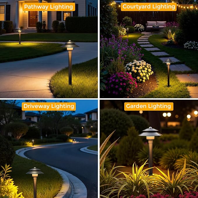 Gardencoin Solid Brass Low Voltage Landscape Pathway Lights (6'' Shade, 19'' Tall), 12V LED Heavy Duty Path Lighting Outdoor Wired, Waterproof Antique Bronze Walkway Light Without G4 Bulb, 4 Pack