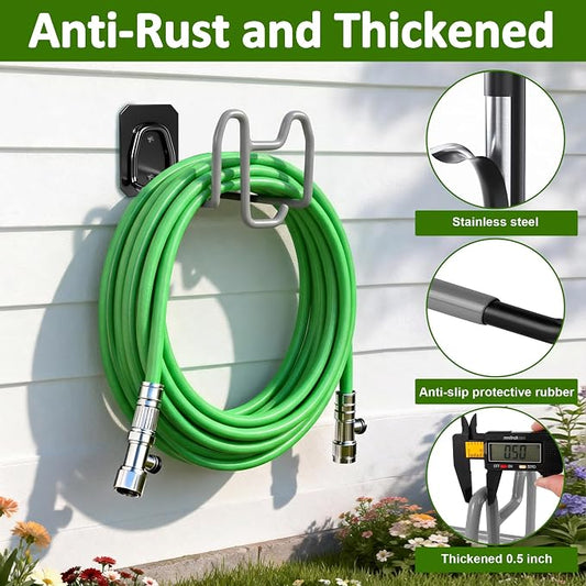 Garden Hose Holder with Hook - Heavy Duty Garden Hose Hanger with Sprayer Storage Design, Wall Mount Water Hose Storage for Outside Yard Lawn and Garage