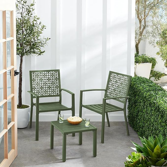 Best Choice Products 3-Piece Outdoor Bistro Set, Stackable Modern Steel Furniture for Porch, Garden w/ 2 Chairs, Table, Geometric Decor - Sage Green