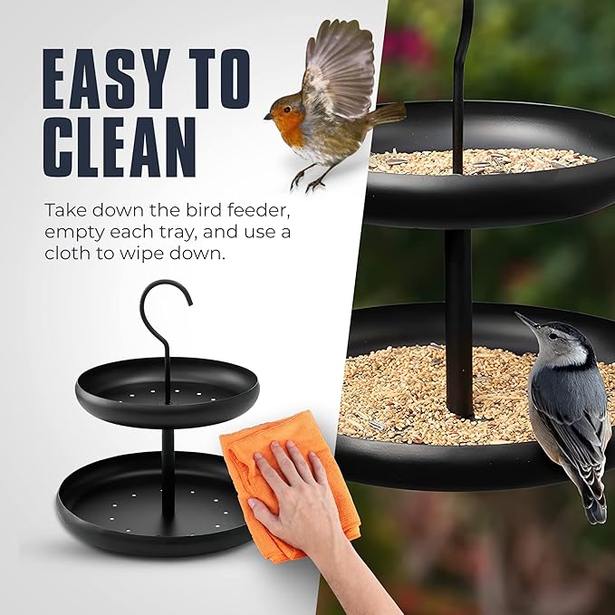 Monarch Abode Hanging Bird Feeder for Outdoors – Hanging Birdfeeder with Two Levels for Wild Birds, Matte Black Two-Tier Metal Decorative Wild Bird Feeder for Outside Garden Patio Deck Yard