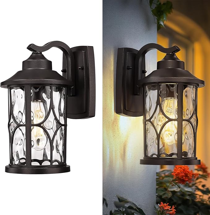 zeyu 12 Inch Outdoor Wall Lights, 2 Pack Exterior Front Porch Light, Die-Cast Aluminum, Oil Rubbed Bronze Finish with Water Ripple Glass Glass, ZX48BWG-2PK ORB
