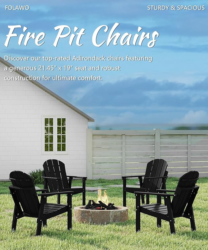 Adirondack Chair Set of 4, All Weather HDPE Fire Pit Chairs, Oversized Plastic Adirondack Chair for Outdoor, Balcony, Deck, Backyard, Patio, Garden, Poolside, Lawn Black