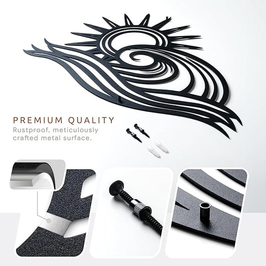 Wita Home Ocean Wave Metal Wall Art, Sun Beach Decor, Coastal Large Wall Sculpture for Home, Indoor/Outdoor Use, Nautical Wall Hanging, Eye-Catching Addition to Living Room (Black, 18 x 11 inches)