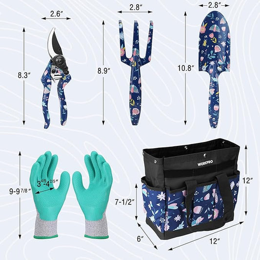 WORKPRO 5PCS Garden Tool Set, Aluminum Heavy Duty Gardening Tool Set with Garden Tool Bag, Outdoor Garden Hand Tools, Blue Insect and Flower