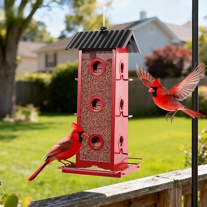 Squirrel-Proof Bird Feeder for Outdoors Hanging | 14-Port Multi-Bird Viewing | All Metal, Waterproof & Easy-Clean | Attracts Cardinals, Finches, Chickadees & More (Elegant Red & Black)