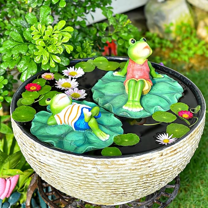 Sungmor Floating Resin Frog Figurine - Pond Decor with Water Floating Lotus Leaf and Frog Ornament - Outdoor Garden Decoration