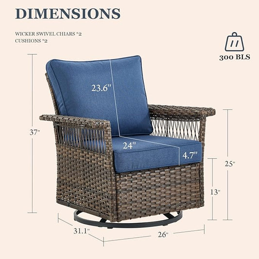 Patio Furniture Set 2 Wicker Swivel Glider Chairs 2 PE Rattan Ottomans with Patio Side Table Brown Wicker Blue Cushions Patio Conversation Set 5pcs for Garden Backyard