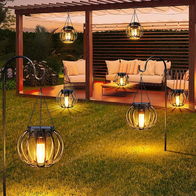 Solar Lanterns Outdoor Waterproof 2 Pack, 14.37" Metal Hanging Solar Lights for Outside with Auto On/Off & Hook - Brighter Hanging Outdoor Lanterns Decorative Lighting for Garden Patio Yard