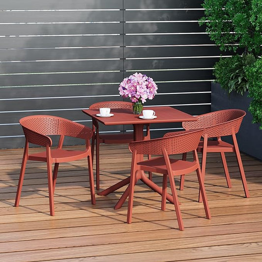 Costaelm 5-Piece Outdoor Dining Set, HDPE Patio Square Bistro Table and Stackable Chairs Sets for 4, Outdoor Furniture All Weather for Backyard Poolside, Red