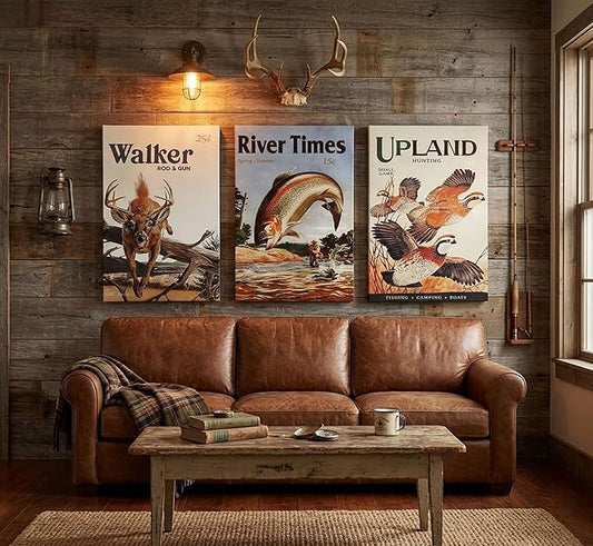 3Pcs Retro Hunting Canvas Wall Art Outdoorsy Wild Animal Wall Decor Pictures Nature Wilderness Deer Wild Duck Fishing Posters Prints Gift Send Hunter Dad For Farmhouse Living Room Bedroom Decoration