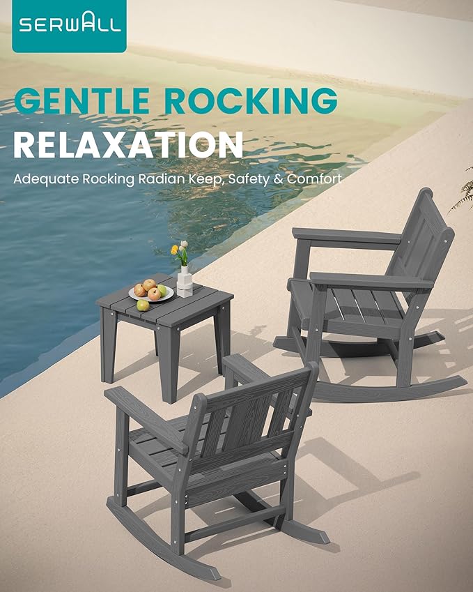 SERWALL Outdoor Rocking Bistro Set, HDPE Patio Furniture Set, Porch Rocking Chair Set with Table for Backyard, Balcony, and Garden- Grey