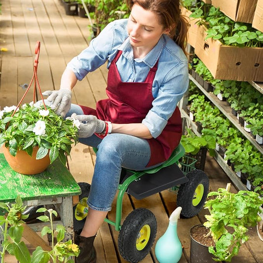 Goplus Garden Seat with Wheels, Rolling Garden Cart with Adjustable 360° Swivel Seat, Tool Tray, Basket for Lawn, Yard, Patio, Heavy Duty Gardening Stool, Outdoor Wagon Scooter for Seniors