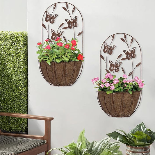 BAYN 2PK Wall Hanging Planter Decor Art with Butterfly, Metal Wall Mounted Planters Indoor Outdoor Wall Planter for Succulent Herb Home Garden Yard