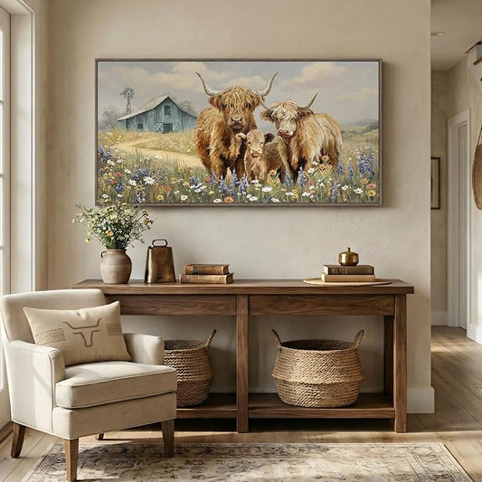 Large Framed Highland Cow Wall Art for Living Room, Vintage Neutral Farmhouse Canvas Prints, Rustic Country Barn Wall Decor for Bedroom Dining Room Hallway 30x60 Inch