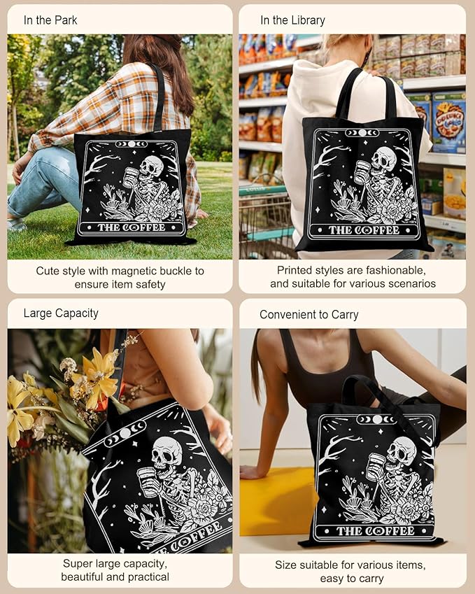 Miss Adola Canvas Tote Bag for Women – Aesthetic Canvas Bag with Zipper Cute Stylish Reusable Shoulder Totes for Shopping Work Daily Vacation, Coffee Skull