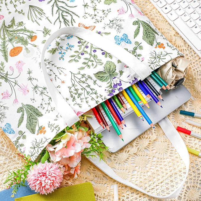 Bencailor 2 Pcs Spring Flower Canvas Tote Bags Reusable Wildflowers Herbs Plant Grocery Bags for Women Shopping Spring Gifts(Classic)