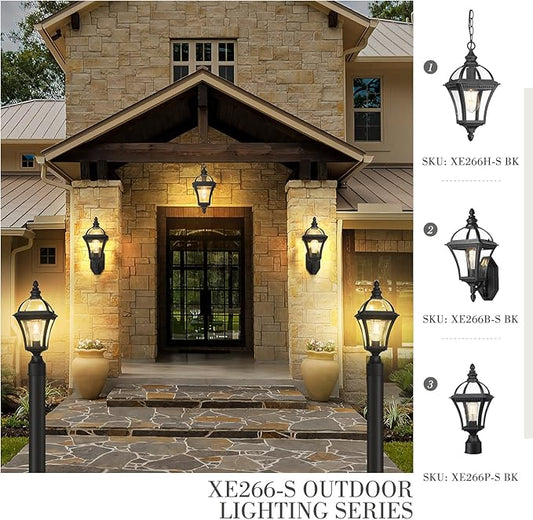 Emliviar Modern Outdoor Hanging Porch Light, 15.8" Black Pendant Lantern with Water Ripple Glass, Outdoor Ceiling Pendant Lamp for Patio, Entryway, XE266H-S BK